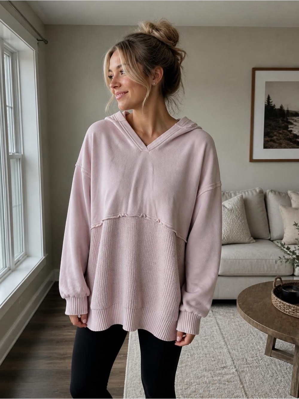 Time and Tru Blush Pink Layered V-Neck Knit Oversized Hoodie